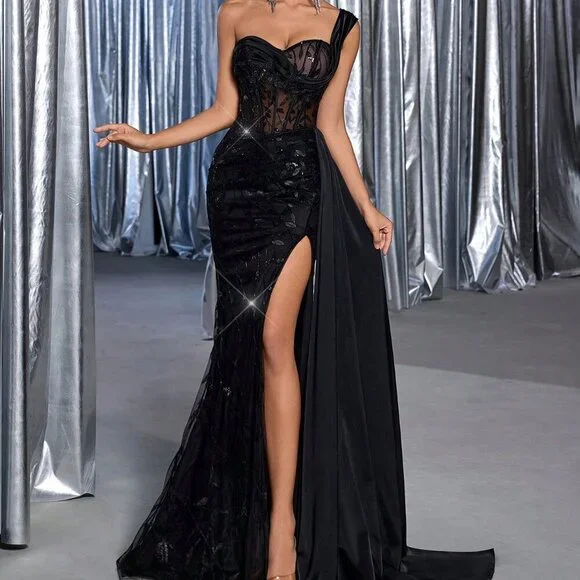 Black Party Women's Elegant Luxurious Embroidered Sequin Lace formal dress